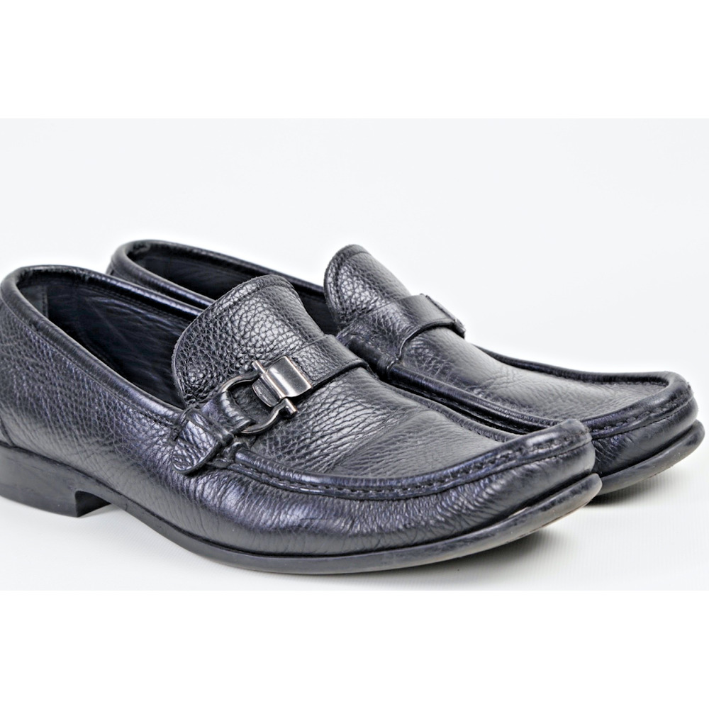 Salvatore Ferragamo Loafers Black Pebble Grain Leather Gancini Bit Mens Size 8.5